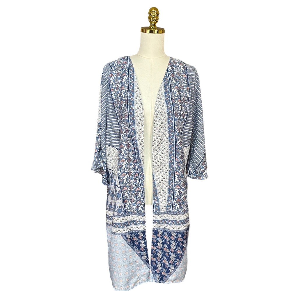 Rebellion‎ Again White Floral Patchwork Open Front Kimono Cardigan Large Boho L